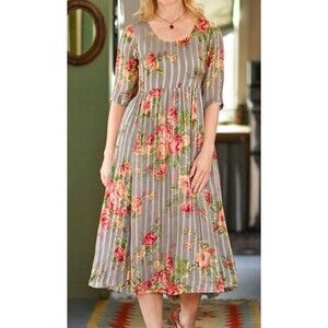 April Cornell Women’s Large Gray Floral Rayon Maxi Dress Prairie CottageCore